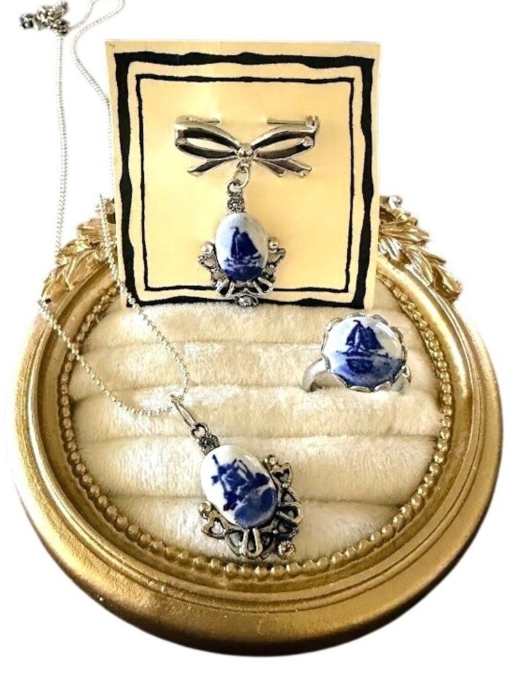 Vintage Blue Delft Porcelain Sailboat Jewelry Set Necklace Brooch Ring - Picture 11 of 11